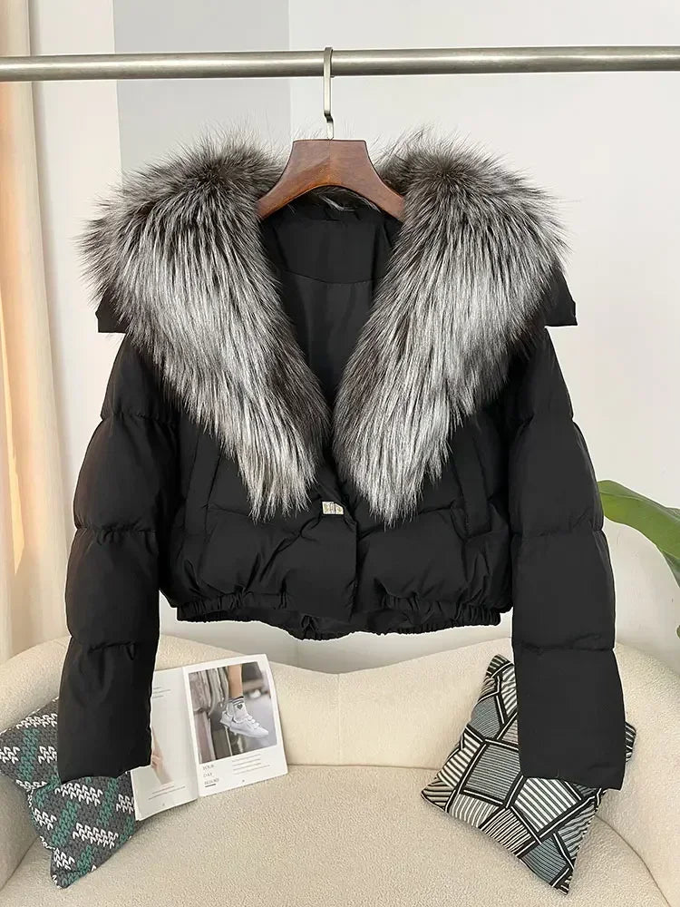 Luxury Women's Short Puffer Jacket with Natural Fox Fur Collar