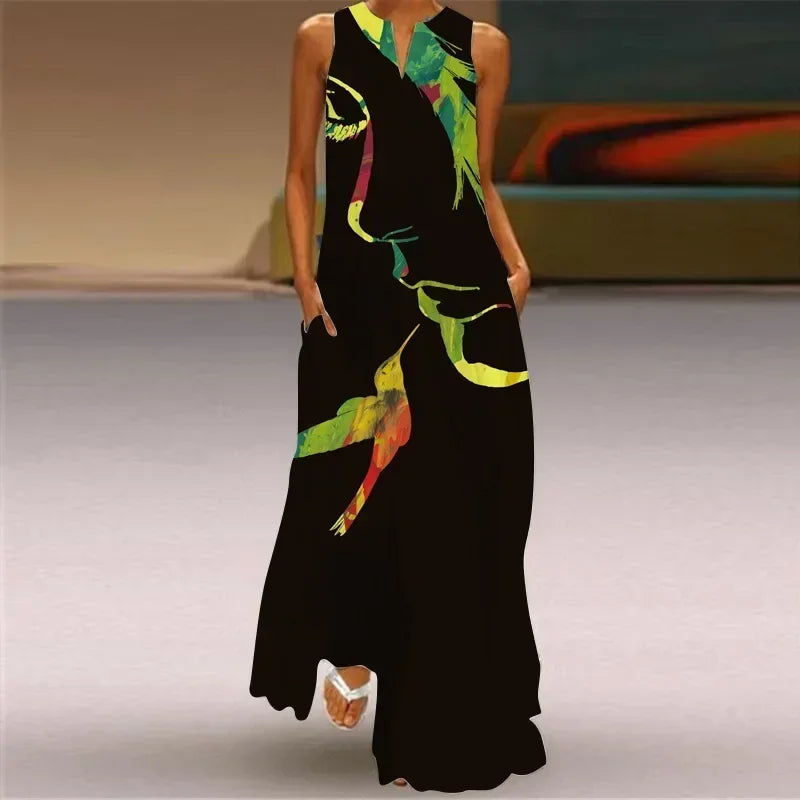 Vintage Maxi Pocket Loose Casual Print A-Line Dress