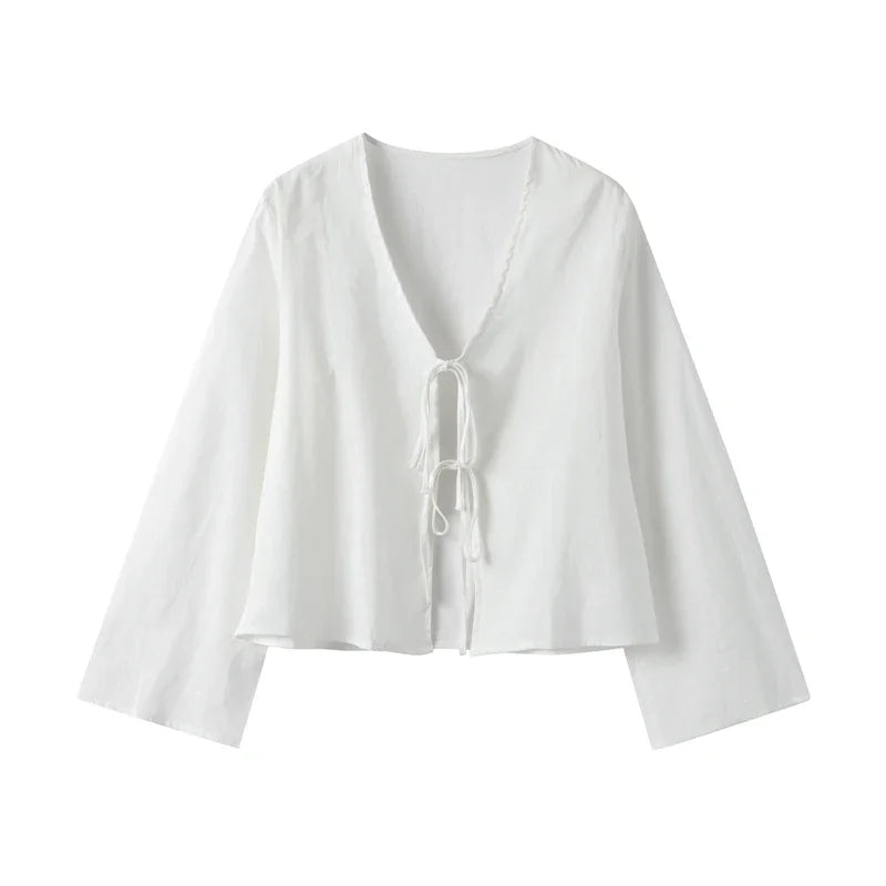 Elegant V-Neck Cotton Linen Blouse