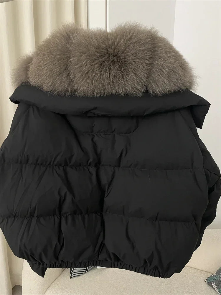 Luxury Women's Short Puffer Jacket with Natural Fox Fur Collar