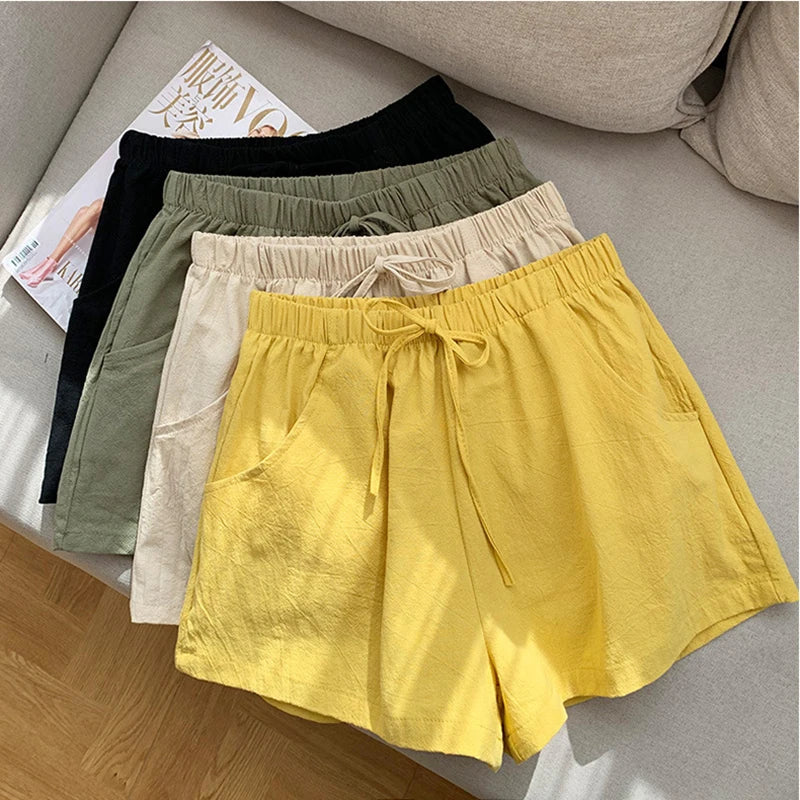 High-Waisted Linen Cotton Casual Shorts for Women