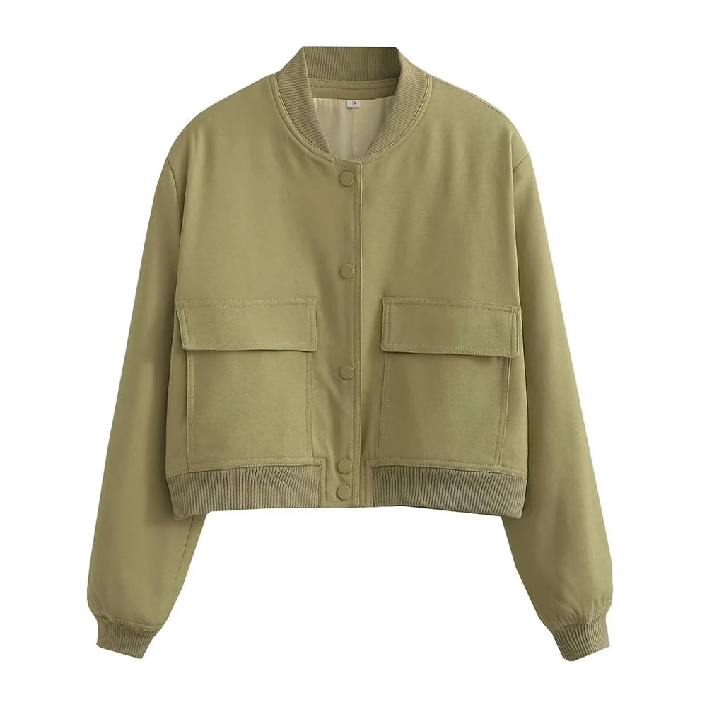 Women's Classic Button-Front Bomber Jacket with Pockets
