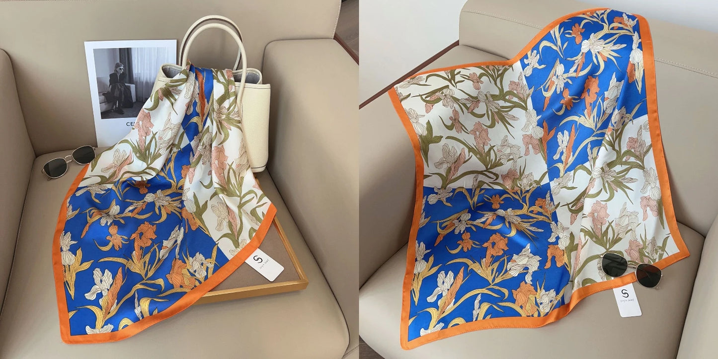 Elegant Floral Silk-Feel Square Scarf - 60-80cm Versatile Women's Neck Scarf