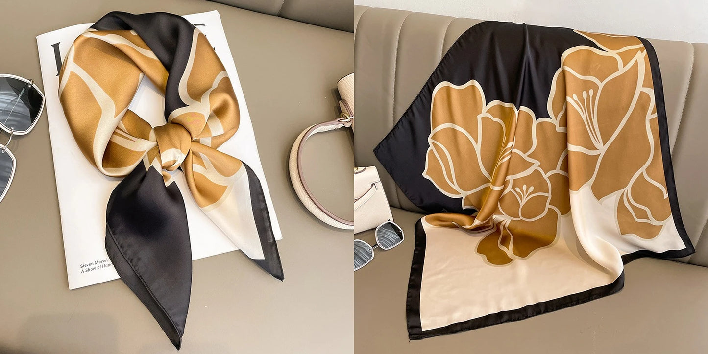 Elegant Floral Silk-Feel Square Scarf - 60-80cm Versatile Women's Neck Scarf