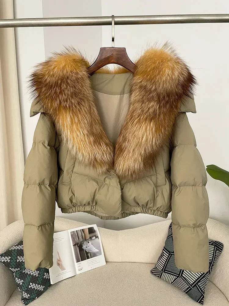 Luxury Women's Short Puffer Jacket with Natural Fox Fur Collar