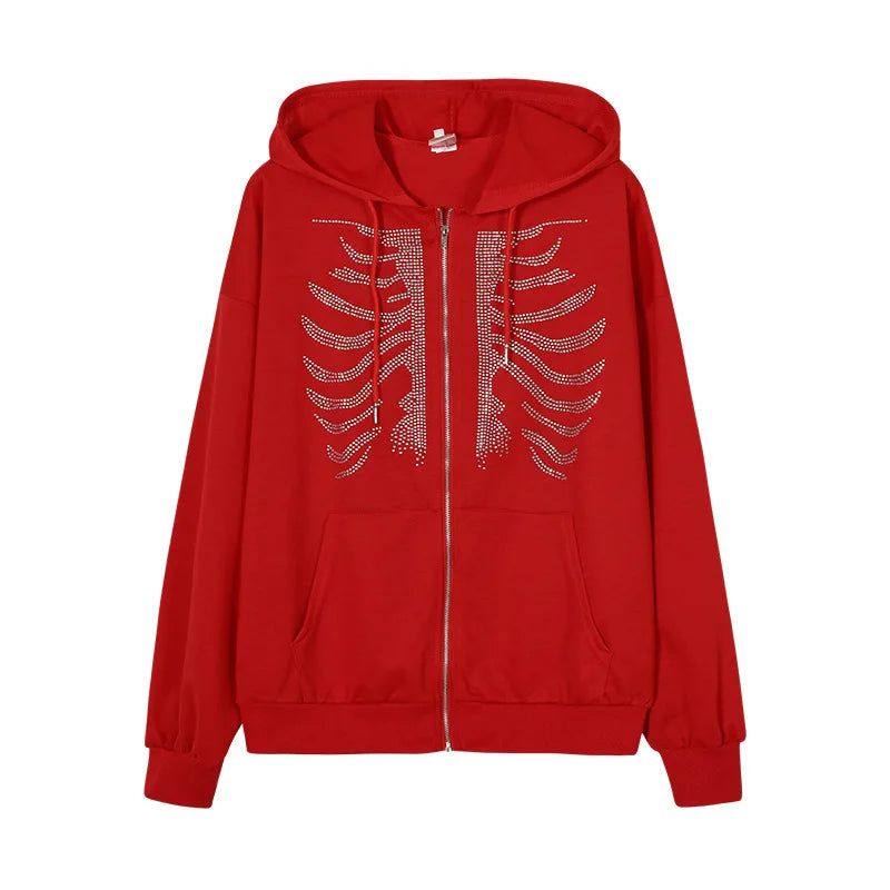 Y2K Gothic Rhinestone Skeleton Zip-Up Hoodie