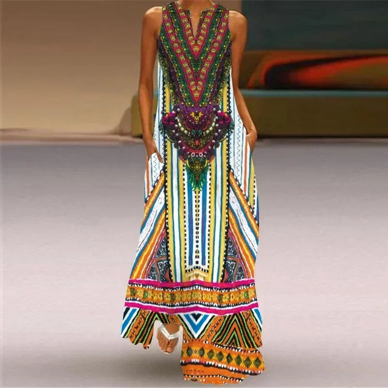 Vintage Maxi Pocket Loose Casual Print A-Line Dress
