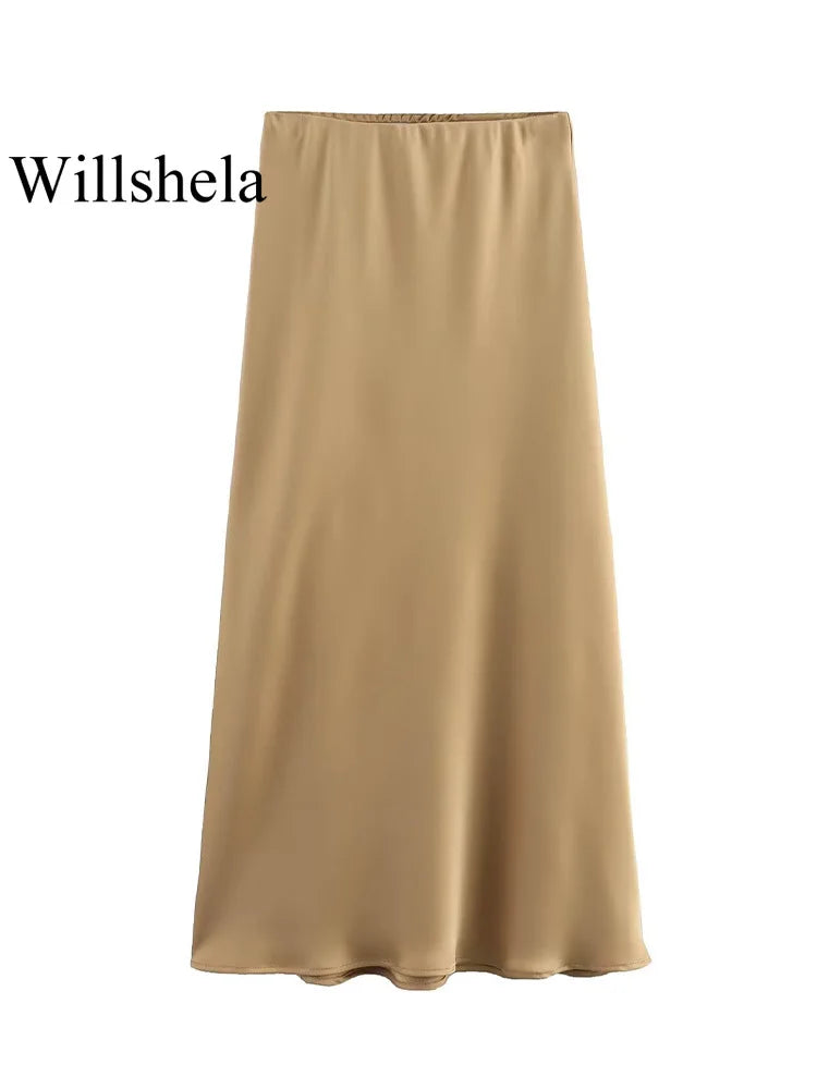 Elegant Satin Solid Pleated Midi Skirt
