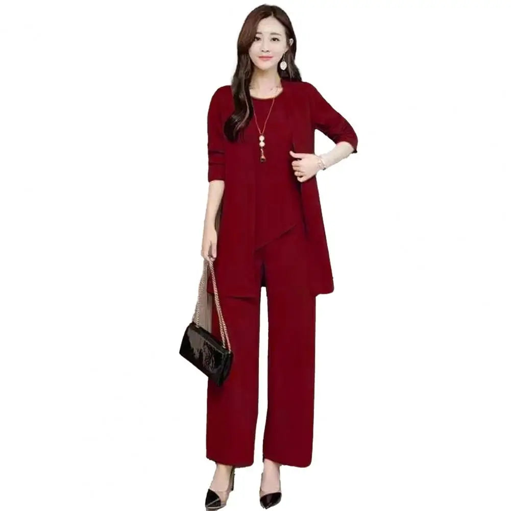 Trendy Irregular Hem Comfortable Vest Top Wide Leg Pants Mid-length Coat Set Breathable Loose Outfit Daily Clothing