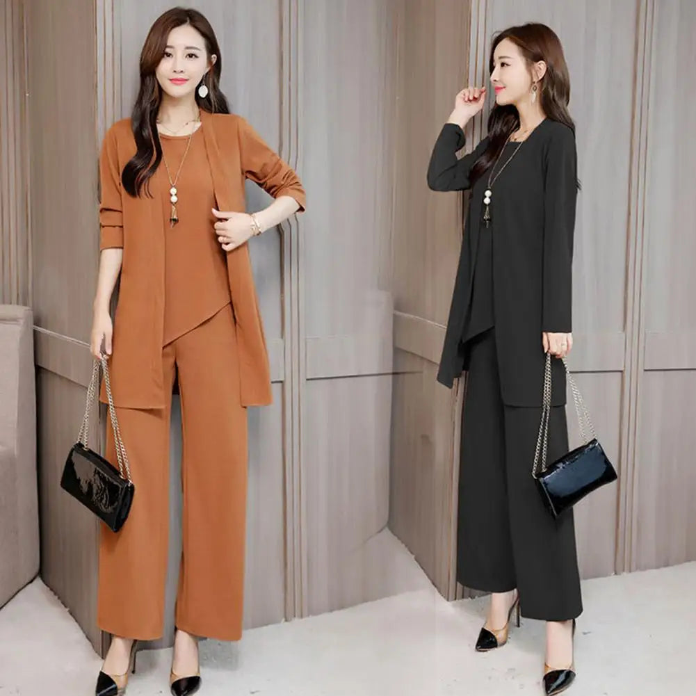 Trendy Irregular Hem Comfortable Vest Top Wide Leg Pants Mid-length Coat Set Breathable Loose Outfit Daily Clothing