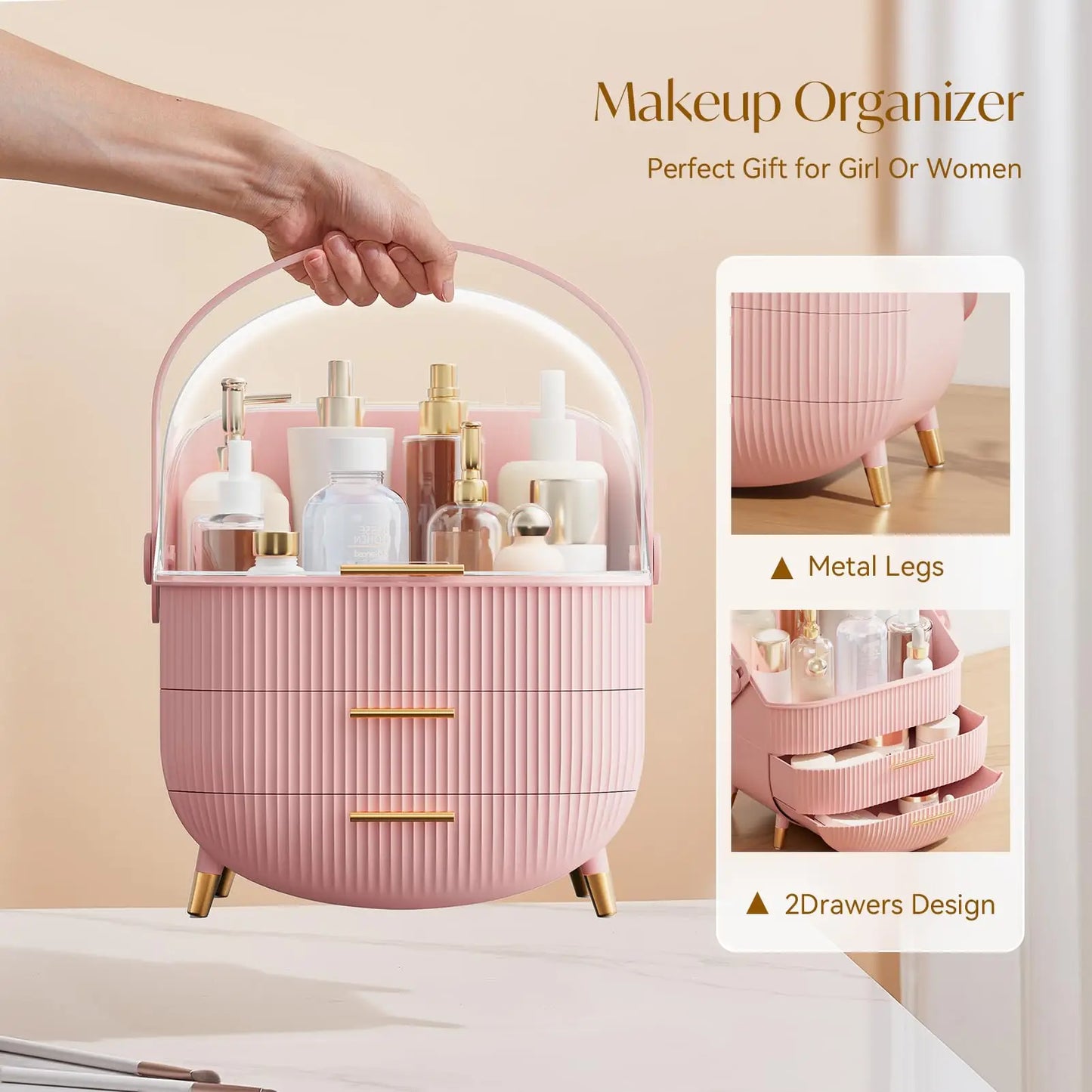 Makeup Organizer With Lid Skincare Organizer with 2 Drawers Cosmetic Display Case for Vanity Bathroom Countertop Storage Pink