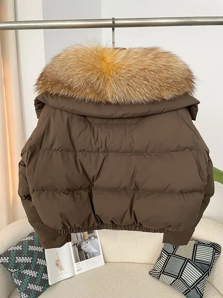 Luxury Women's Short Puffer Jacket with Natural Fox Fur Collar