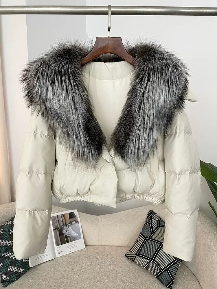 Luxury Women's Short Puffer Jacket with Natural Fox Fur Collar