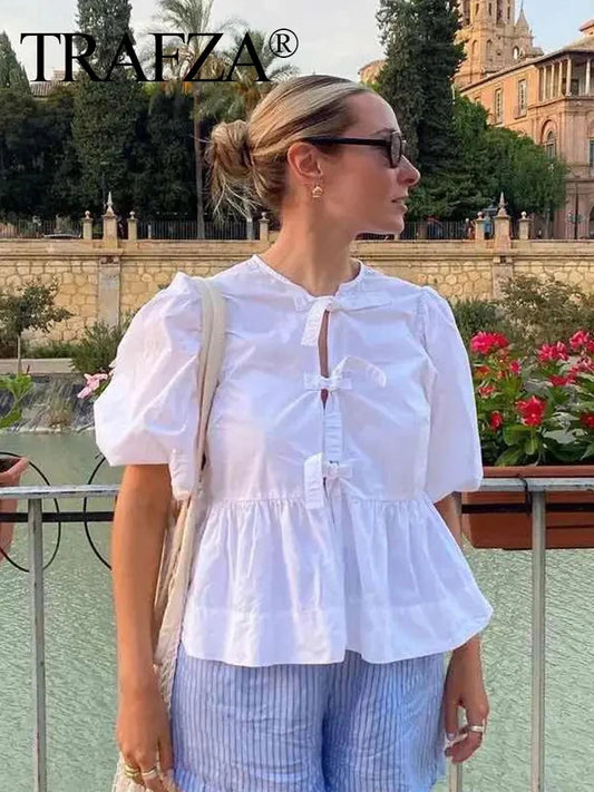 Women's Lace-Up Puff Sleeve Blouse