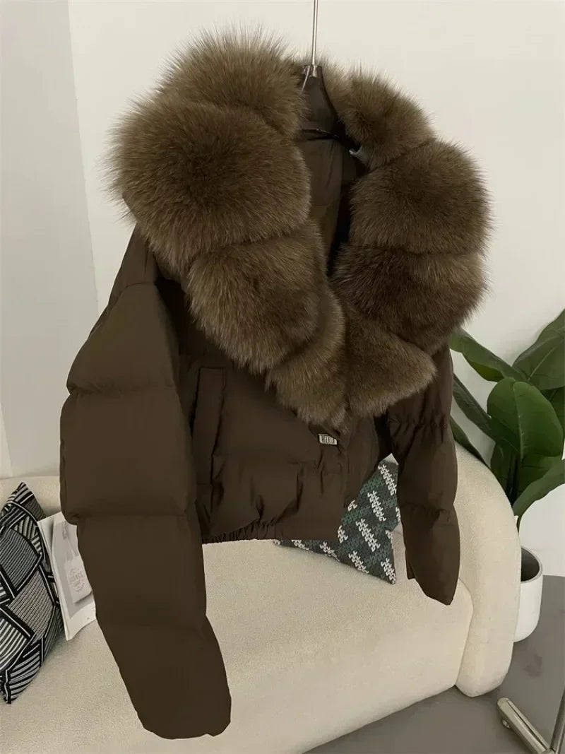 Luxury Women's Short Puffer Jacket with Natural Fox Fur Collar