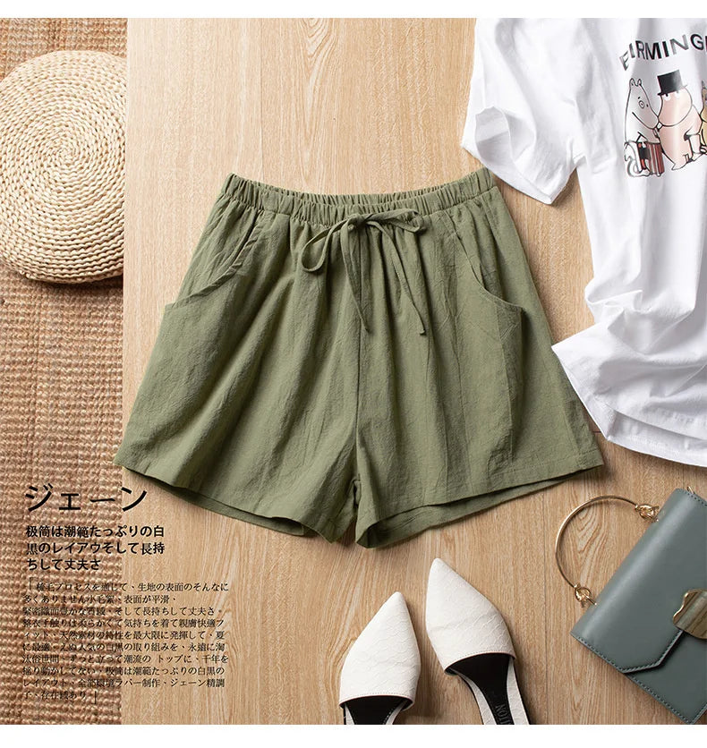 High-Waisted Linen Cotton Casual Shorts for Women