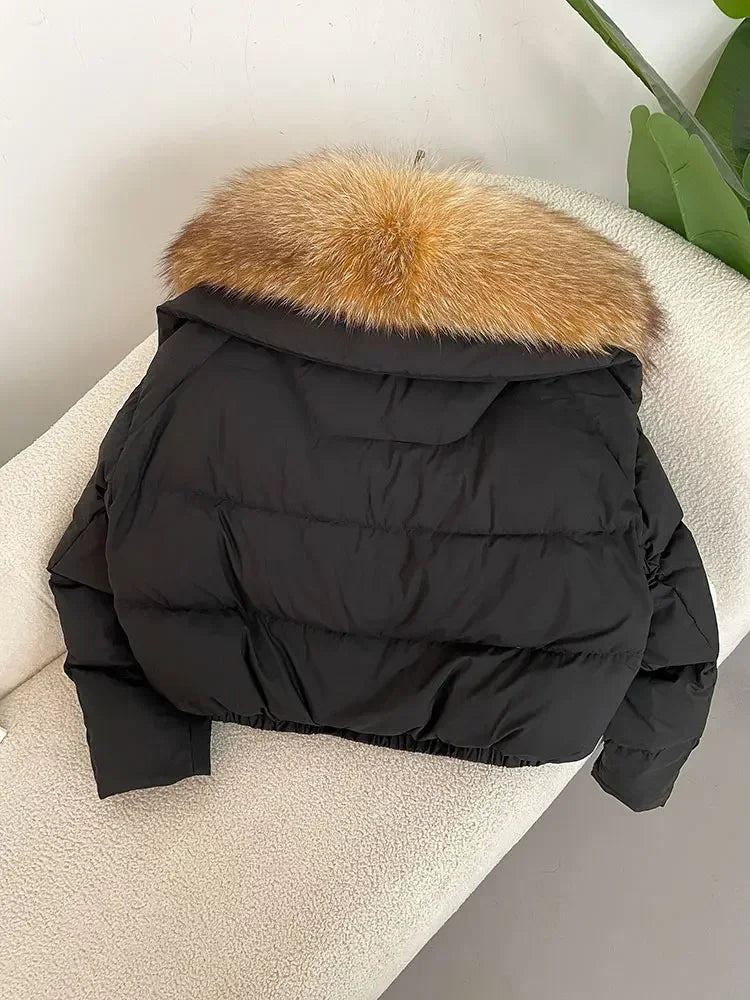 Luxury Women's Short Puffer Jacket with Natural Fox Fur Collar