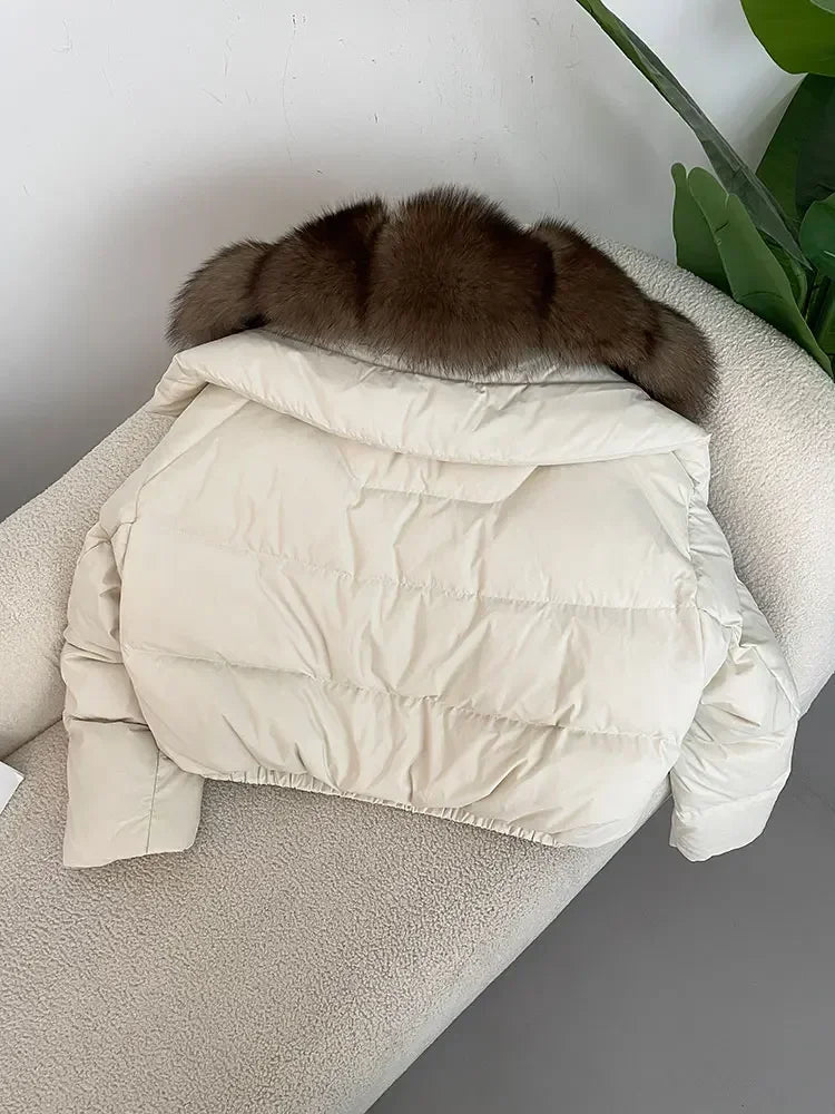 Luxury Women's Short Puffer Jacket with Natural Fox Fur Collar