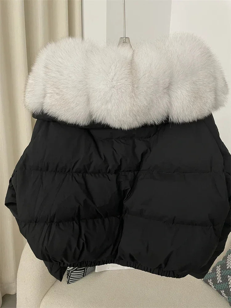 Luxury Women's Short Puffer Jacket with Natural Fox Fur Collar