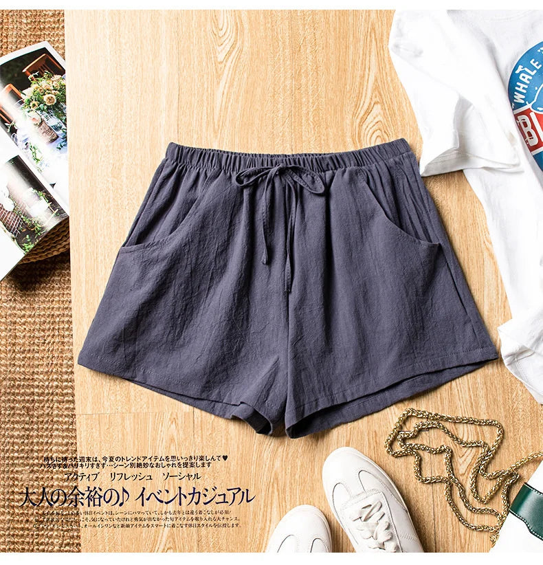 High-Waisted Linen Cotton Casual Shorts for Women