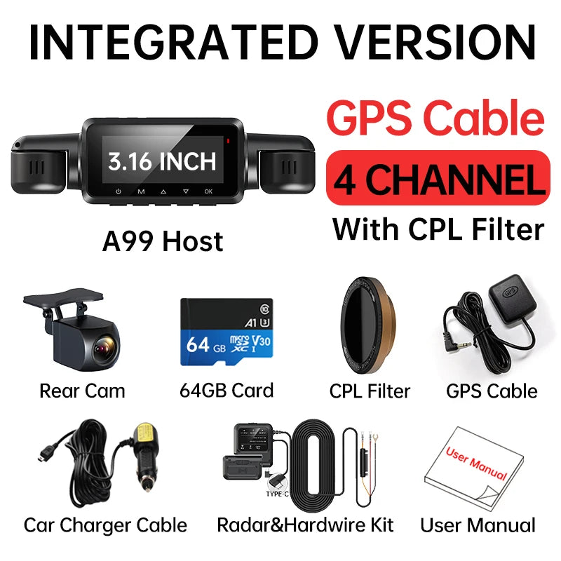 TiESFONG 360 4CH GPS Dash Cam M8S 4*1080P for Car WiFi Video Recorder IR Night Vision Support 24H Parking Monitor(64GB Card)