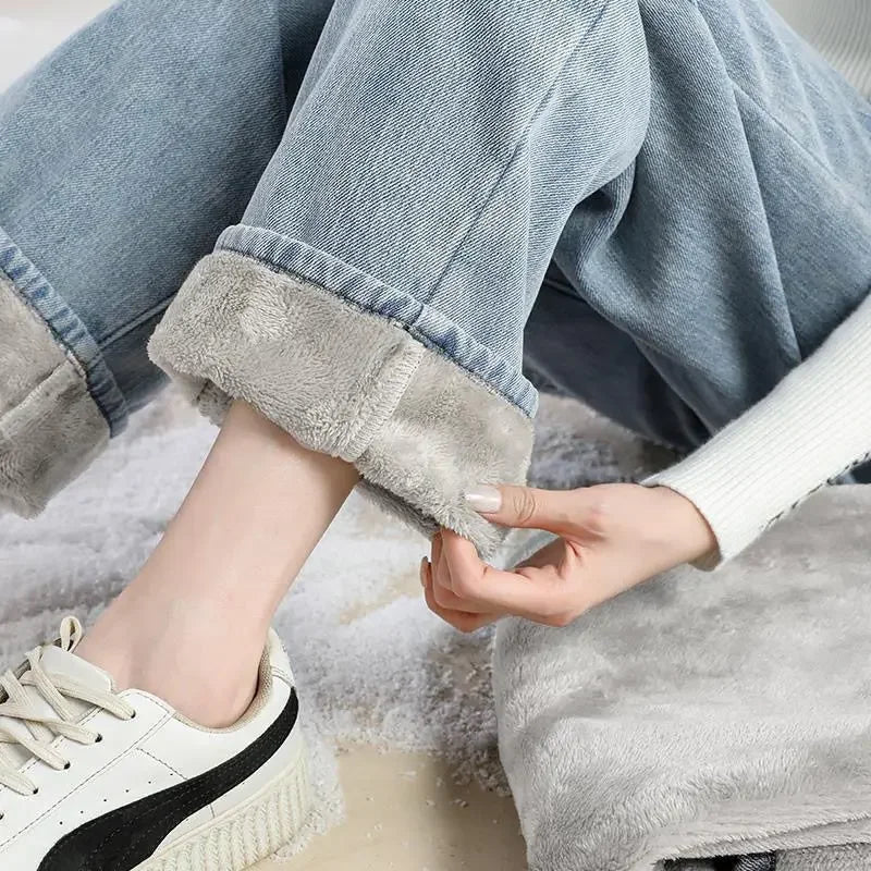 High-Waisted Fleece-Lined Wide Leg Jean Pants