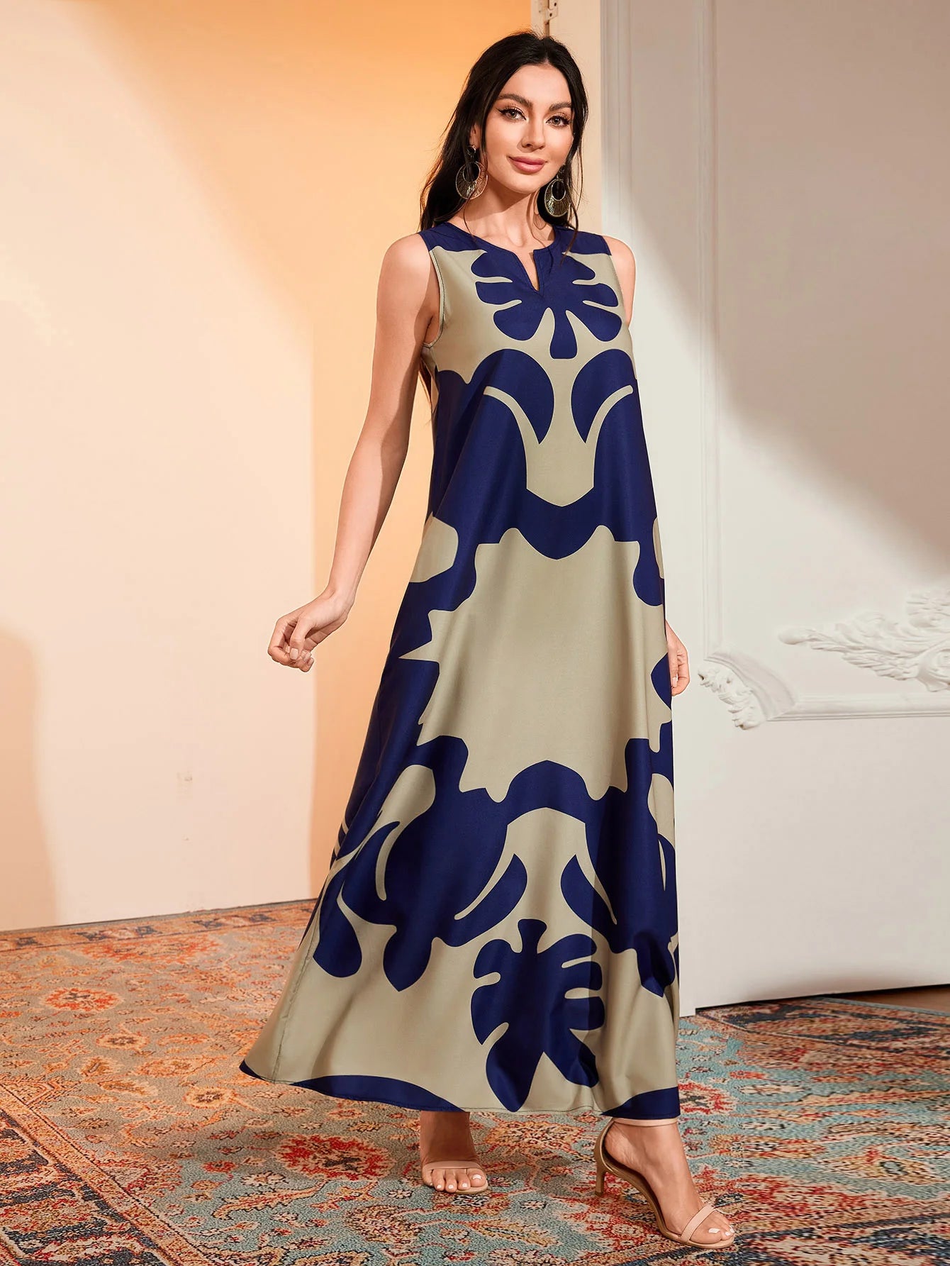Vintage Maxi Pocket Loose Casual Print A-Line Dress