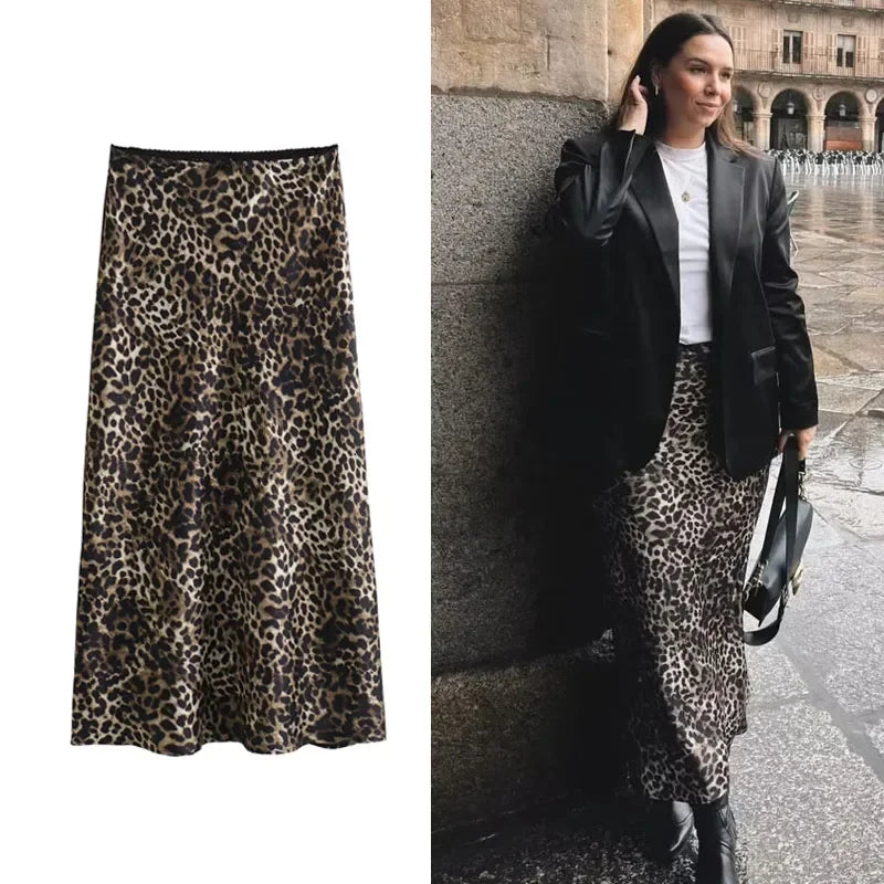 Leopard High Waist Satin Skirt