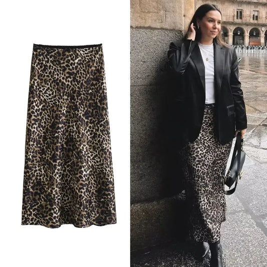 Leopard High Waist Satin Skirt