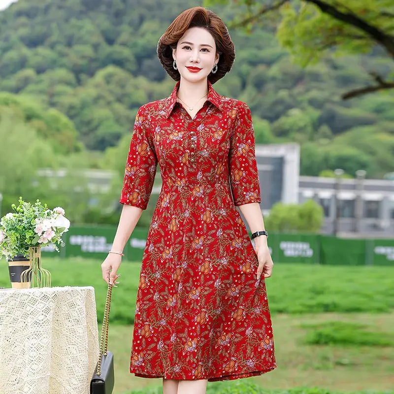 Mom's Temperament Floral Dress High-end Middle-aged and Elderly Women's Western-style Look Slim and Long Over the Knee Skirt