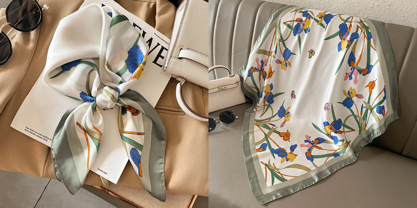 Elegant Floral Silk-Feel Square Scarf - 60-80cm Versatile Women's Neck Scarf