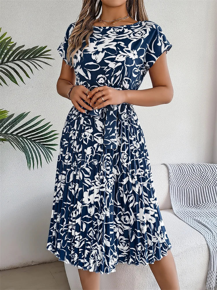 Floral Pleated Short Sleeve High Waist Chic Dress