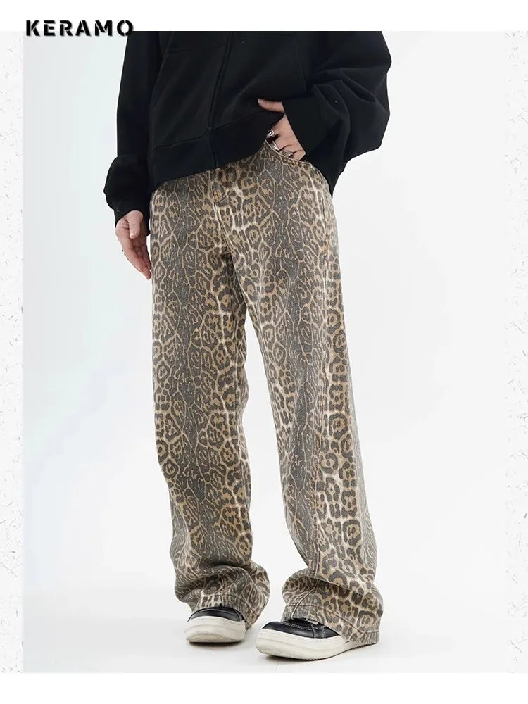 High-Waist Vintage Leopard Print Denim Jeans