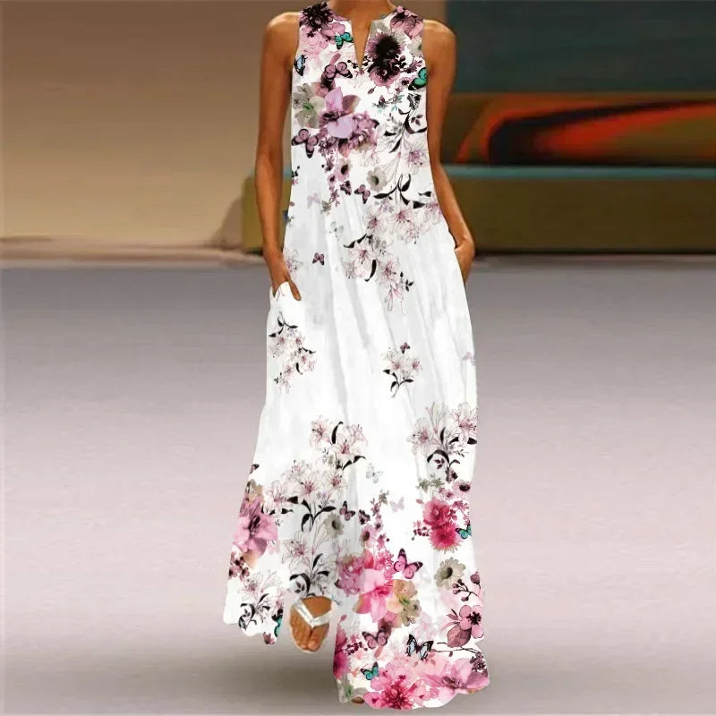 Vintage Maxi Pocket Loose Casual Print A-Line Dress