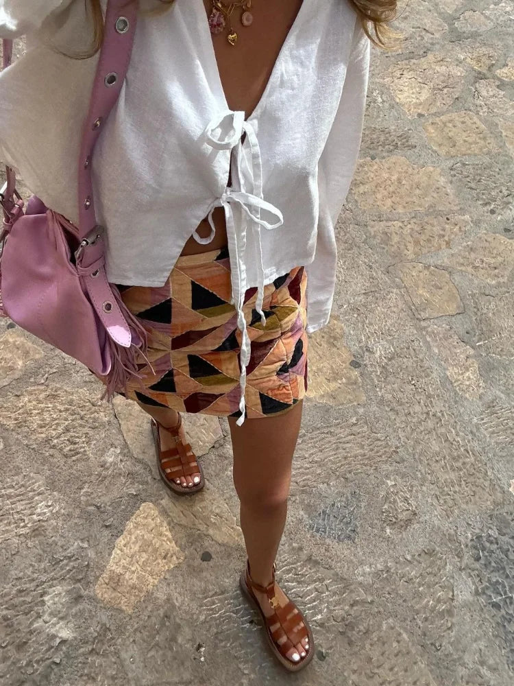 Elegant V-Neck Cotton Linen Blouse