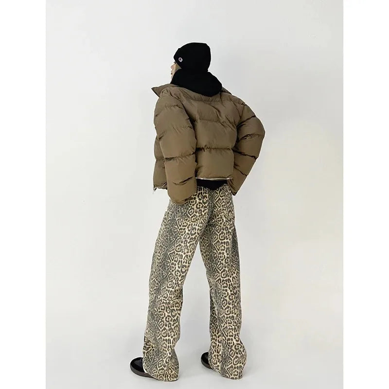 High-Waist Vintage Leopard Print Denim Jeans