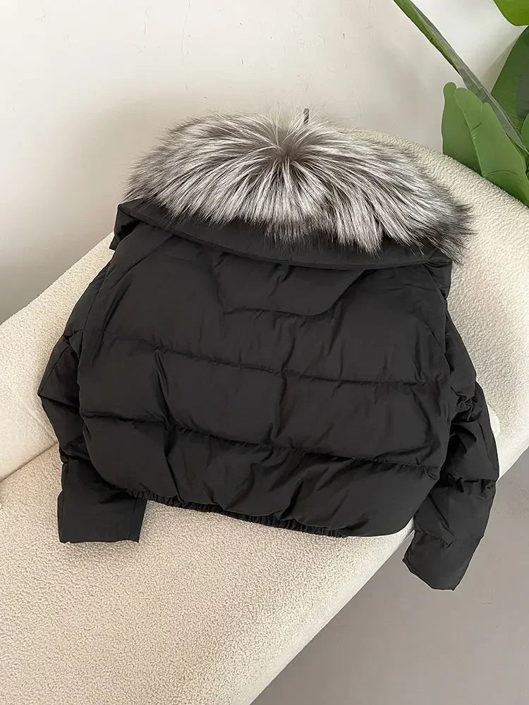 Luxury Women's Short Puffer Jacket with Natural Fox Fur Collar