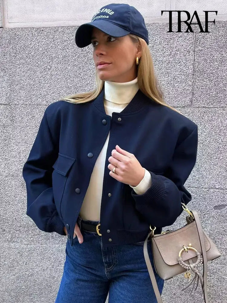Women's Classic Button-Front Bomber Jacket with Pockets