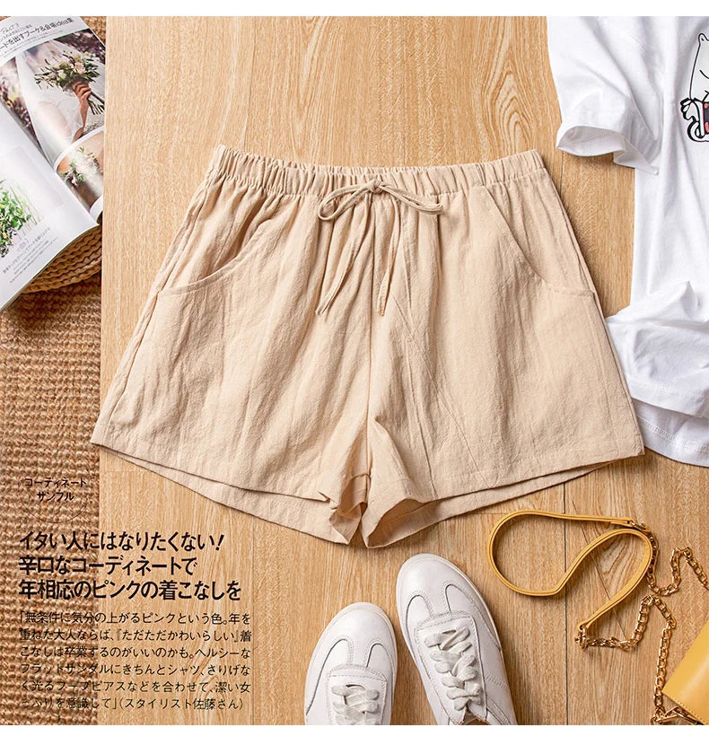 High-Waisted Linen Cotton Casual Shorts for Women