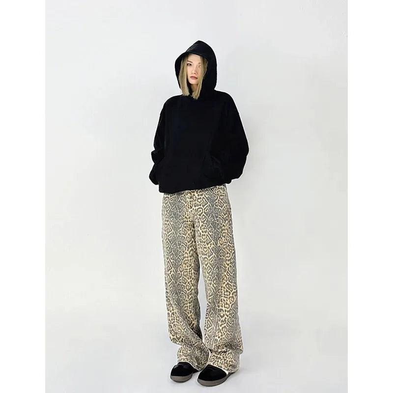 High-Waist Vintage Leopard Print Denim Jeans