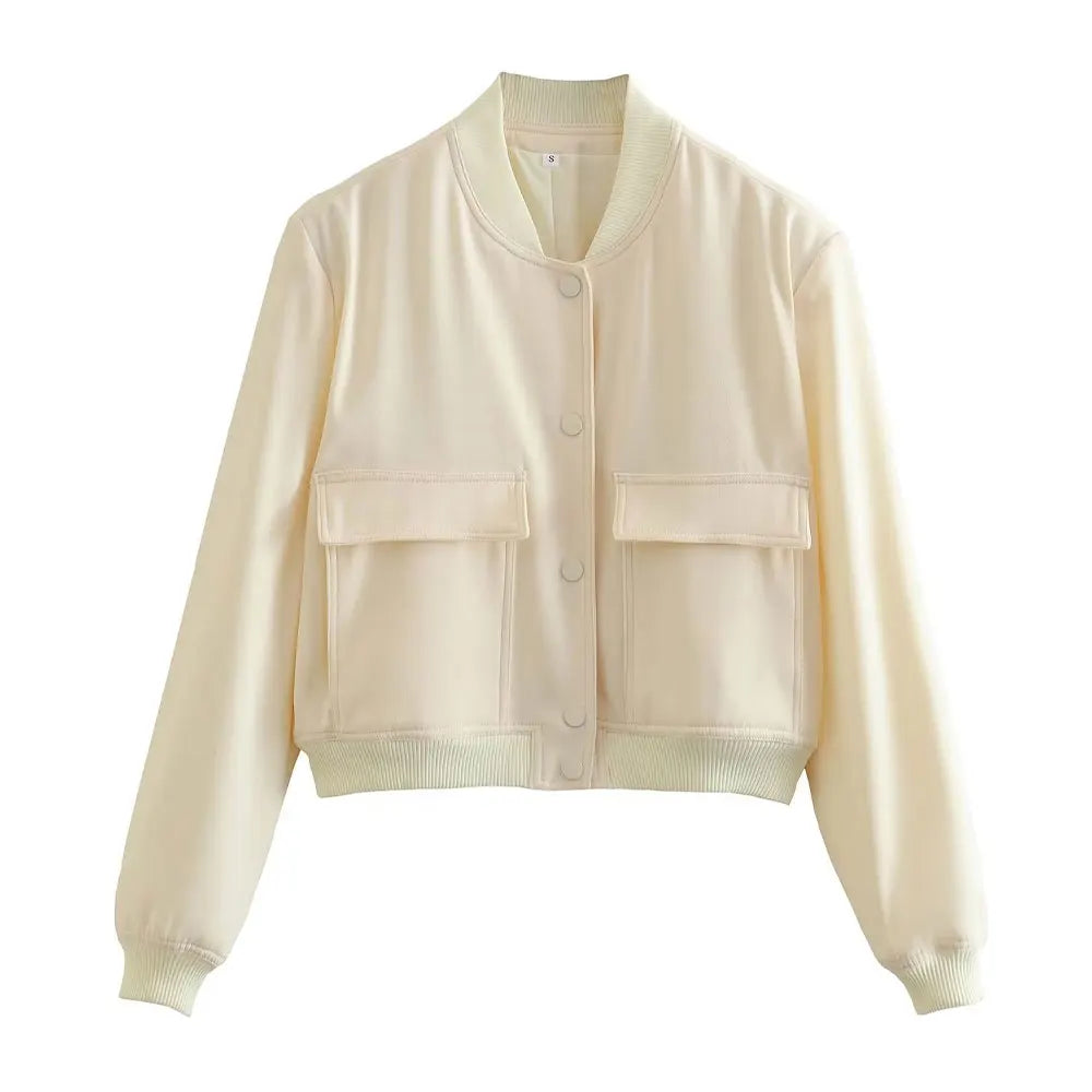 Women's Classic Button-Front Bomber Jacket with Pockets
