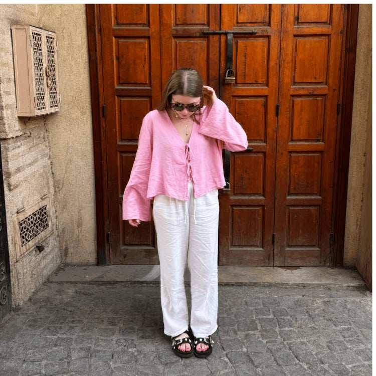 Elegant V-Neck Cotton Linen Blouse