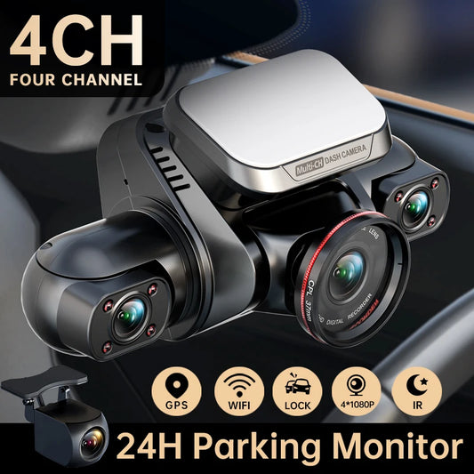 TiESFONG 360 4CH GPS Dash Cam M8S 4*1080P for Car WiFi Video Recorder IR Night Vision Support 24H Parking Monitor(64GB Card)