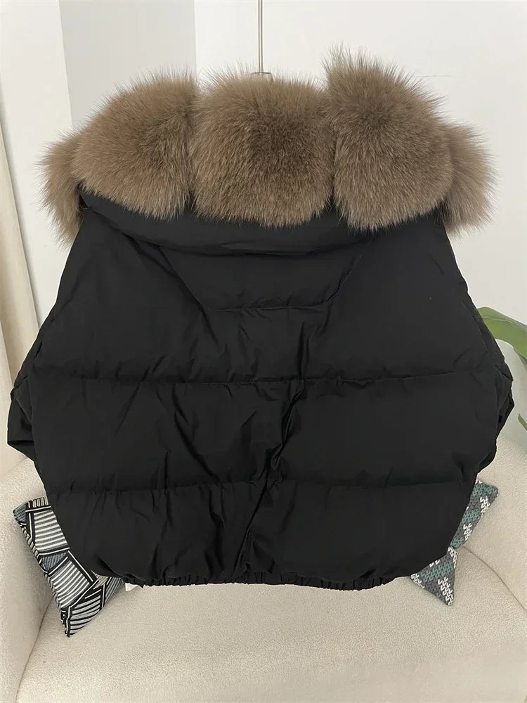 Luxury Women's Short Puffer Jacket with Natural Fox Fur Collar
