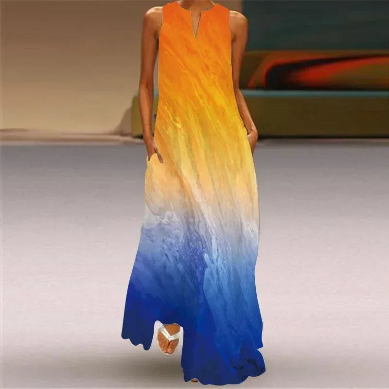 Vintage Maxi Pocket Loose Casual Print A-Line Dress