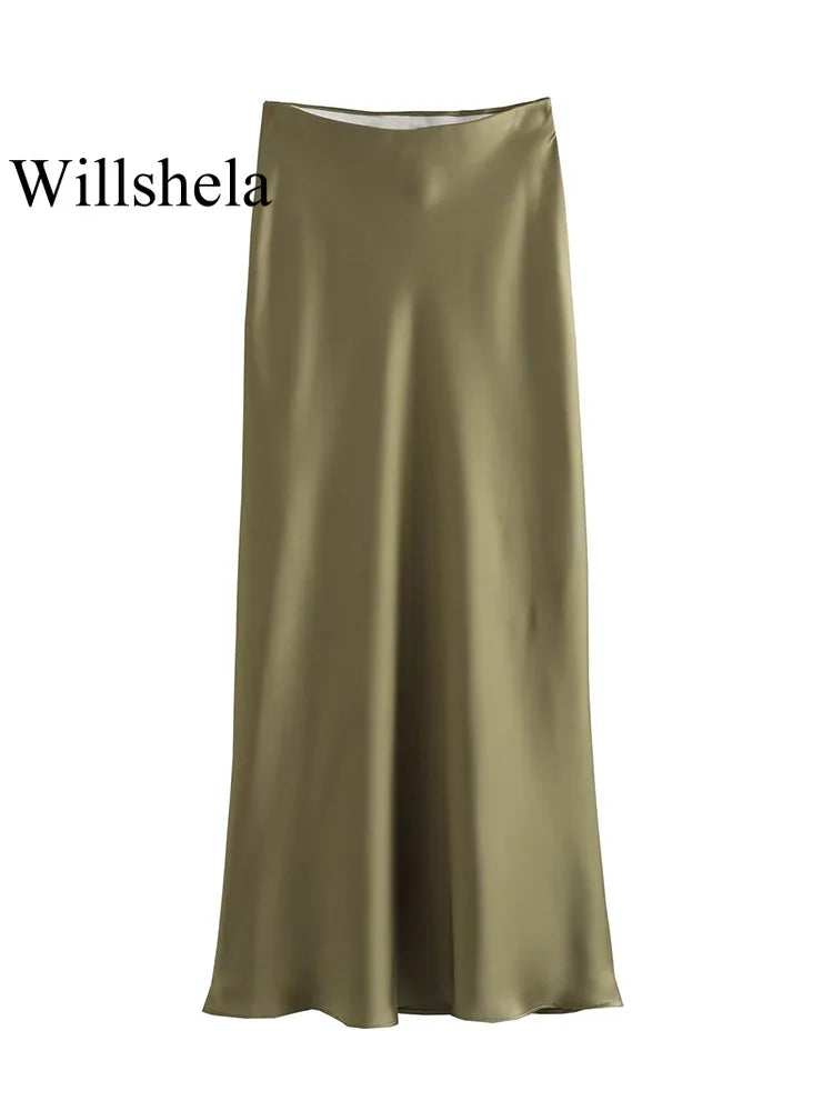 Elegant Satin Solid Pleated Midi Skirt
