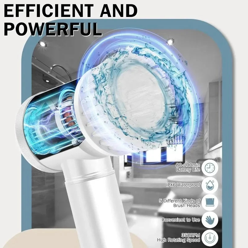 5in1  Spin Scrubber  Cleaning Brush Cordless Power Scrubber with Replaceable Brush Heads Handheld Power Scrubber