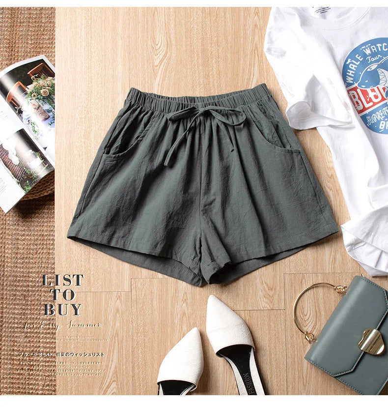 High-Waisted Linen Cotton Casual Shorts for Women