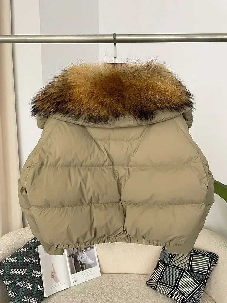 Luxury Women's Short Puffer Jacket with Natural Fox Fur Collar