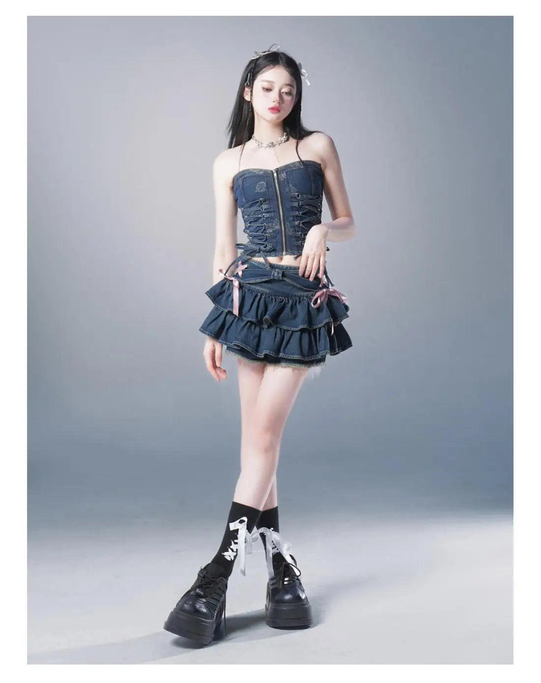 High-Waist A-Line Mini Denim Skirt with Bow Detail